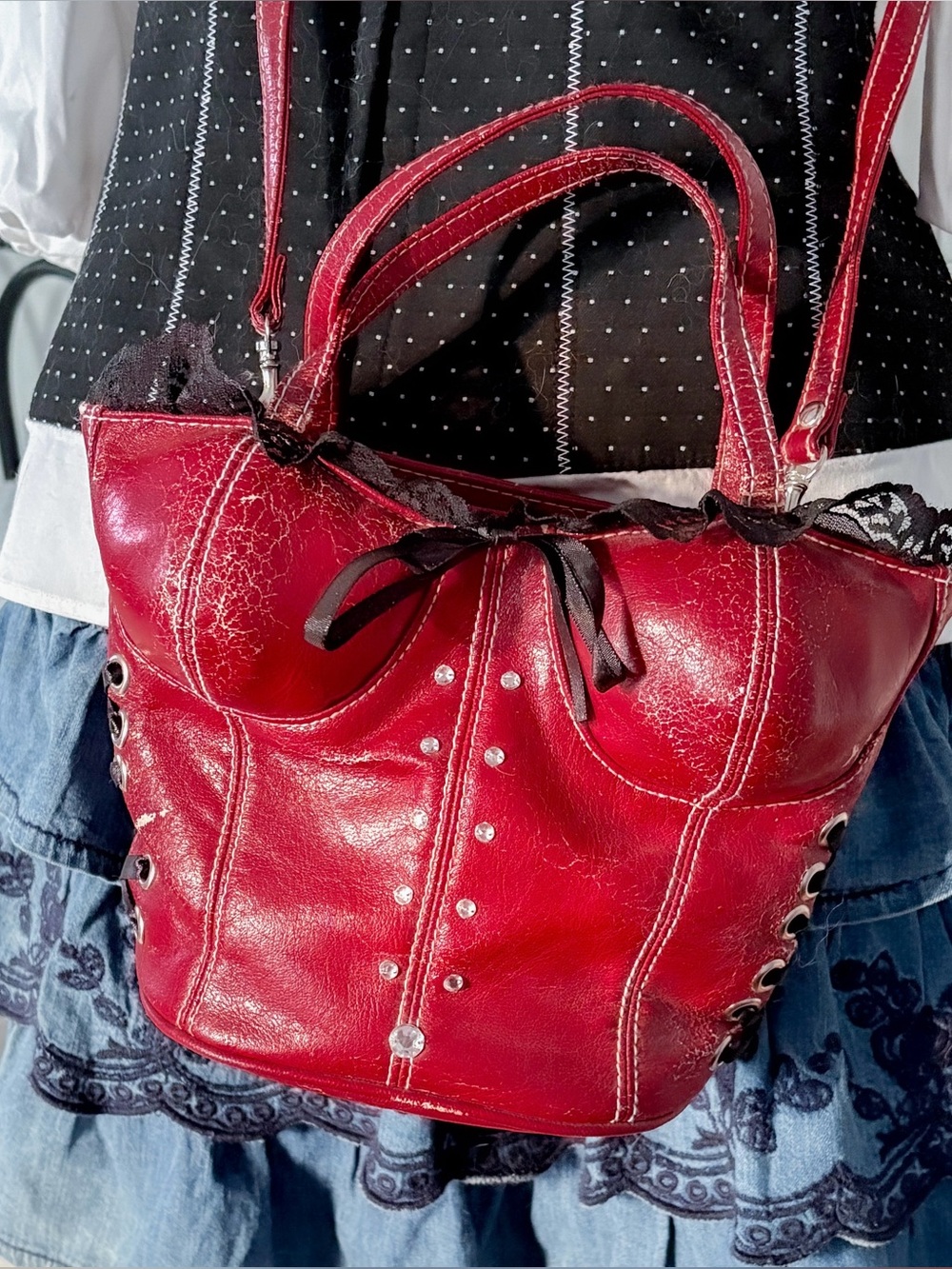 Y2K femme fatale grunge lace trim red corset bustier bag